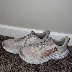 Hoka Light Gray and Orange Running Shoes